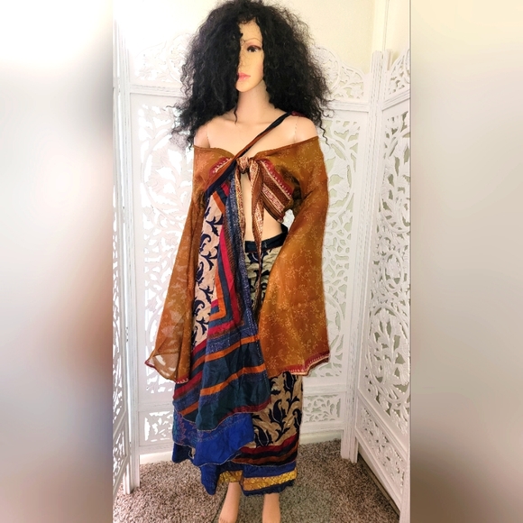 Exotic Boho Silk Blue Multicolor Reversible Wrap Skirt - Picture 8 of 12